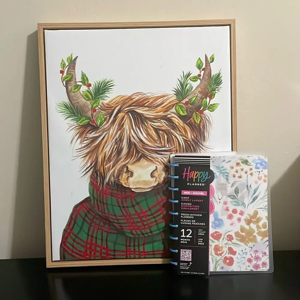 New Eccolo Christmas High land cow cattle canvas picture wooden frame wall art